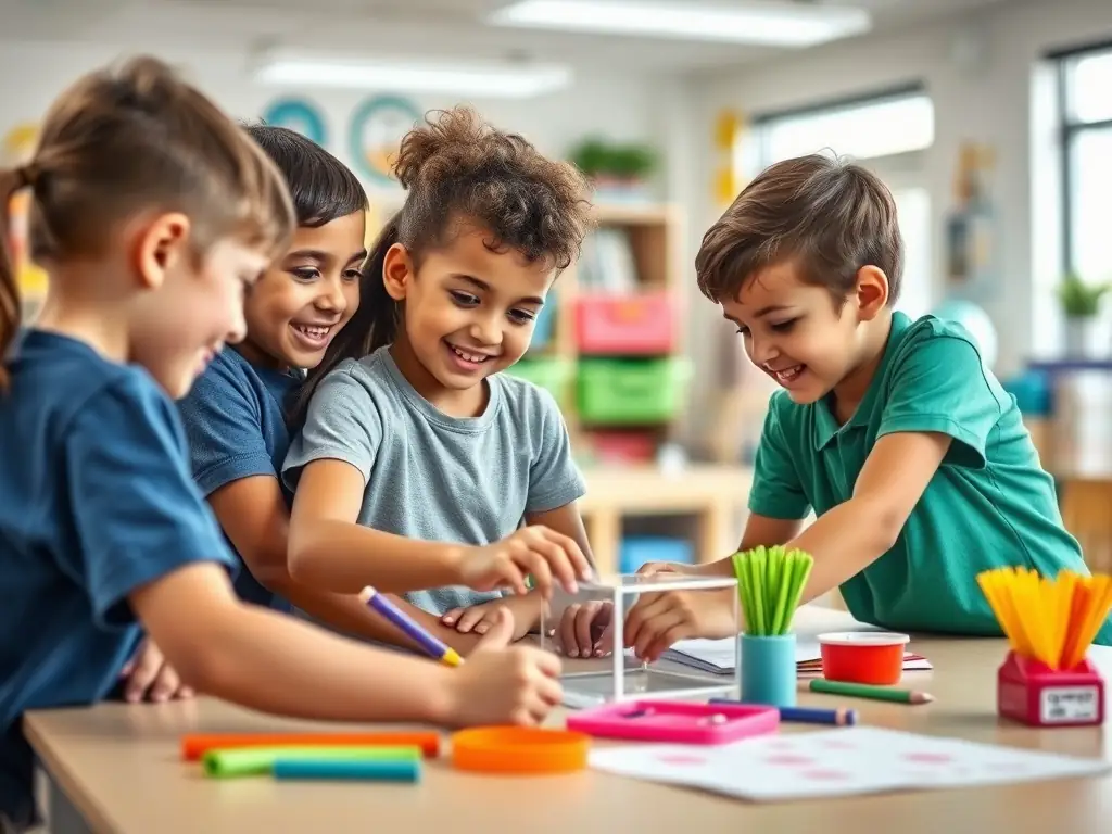 A group of children participating in an educational support program, focusing on collaborative learning and skill development, set in a bright and engaging classroom environment.