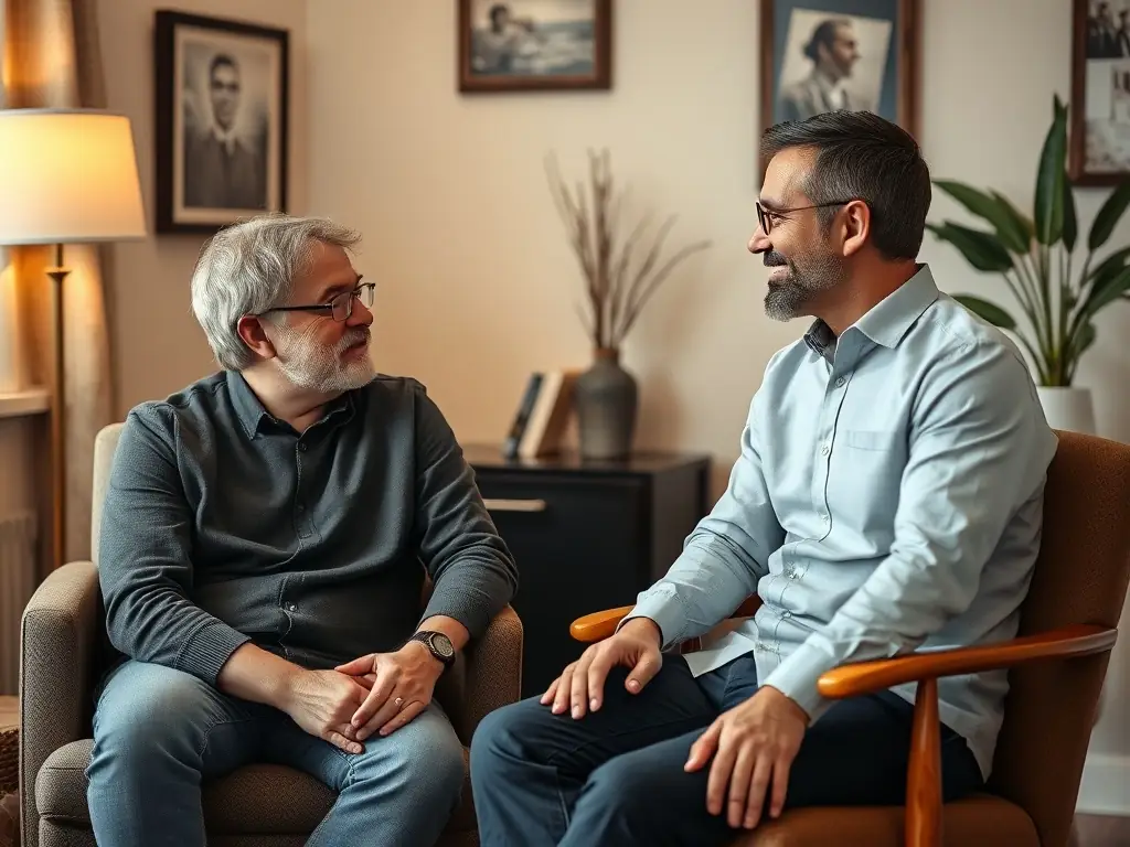 A counselor providing psychological support to an individual, emphasizing empathy and understanding, in a calm and private setting.