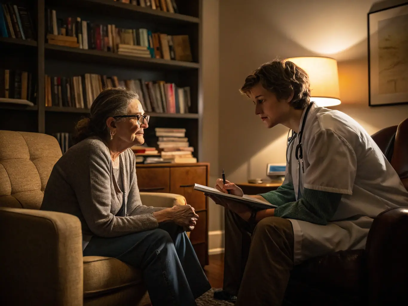 A healthcare professional providing counseling to a young person in a comfortable setting, representing ARASS's Psychological and Medical Care services.